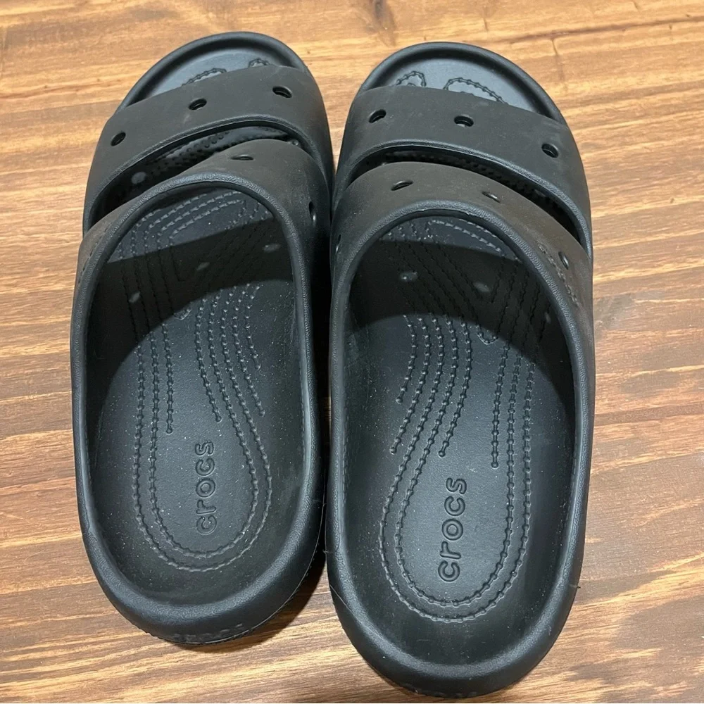 CROCS Classic Logo Women 9 / Men 7 Black Double Straps Slides Sandals NWOT - Picture 6 of 8